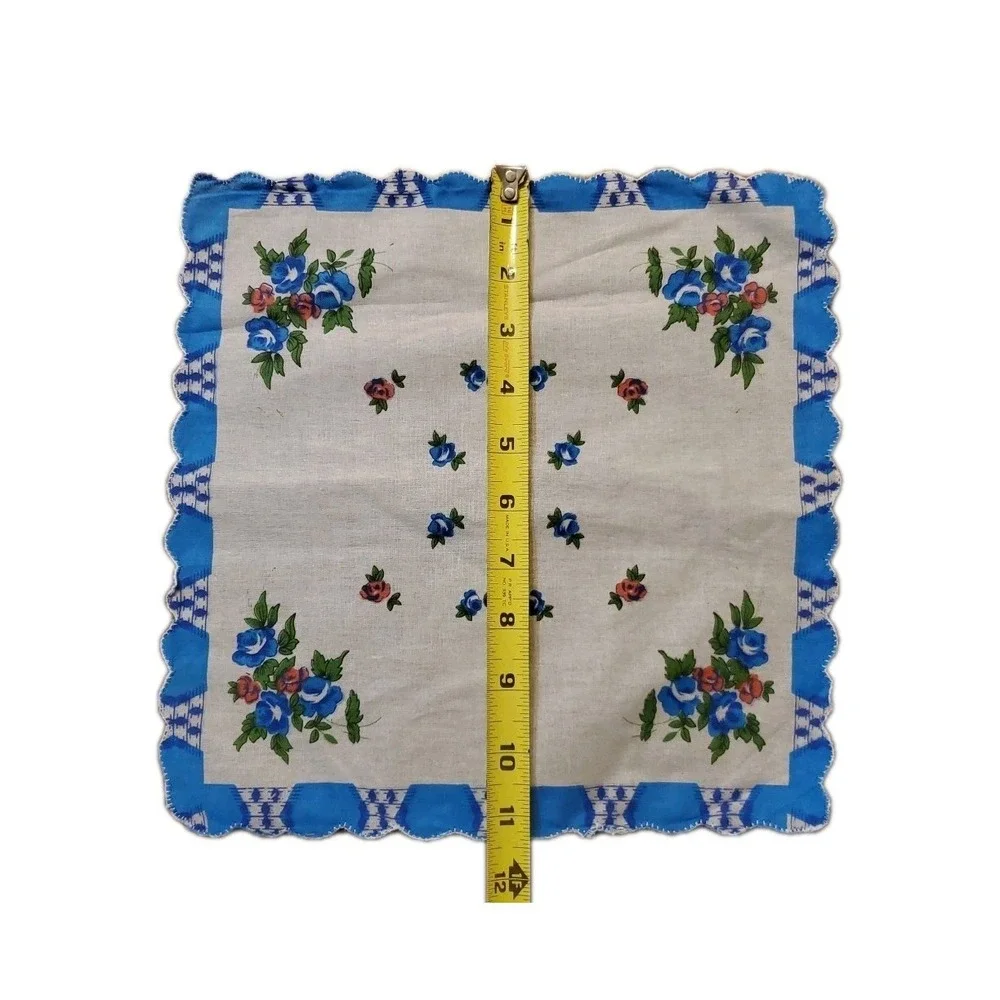Linen Blue Rose Floral Handkerchief Scalloped Cottage Core Bridesmaid Granny